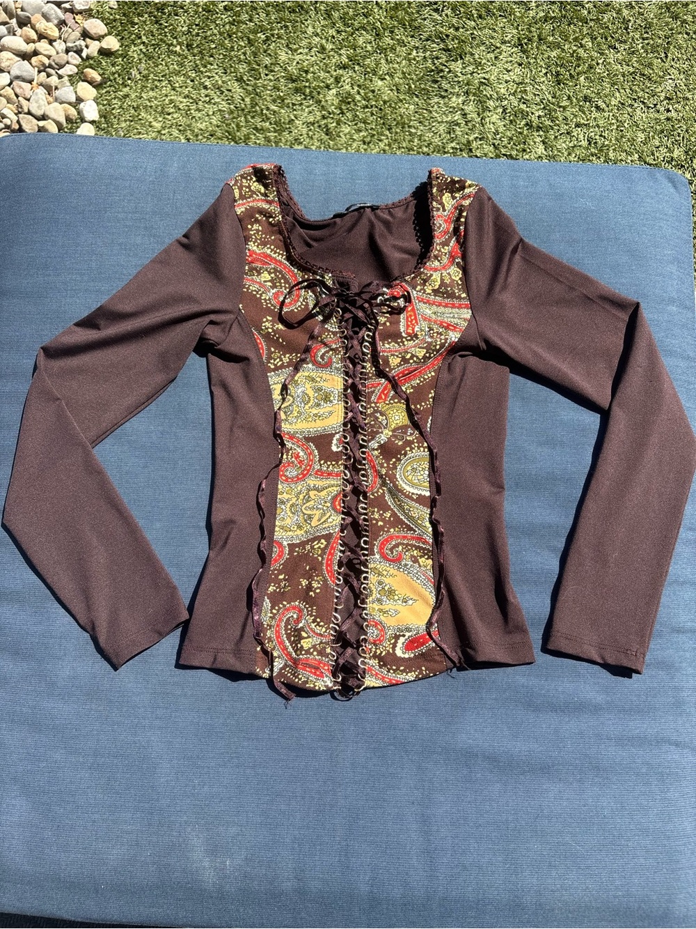 Brown Paisley Lace-Up Women's Top - Picture 2 of 4